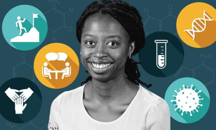 Portrait of Chiamaka Obianyor surrounded by STEM and mentoring icons