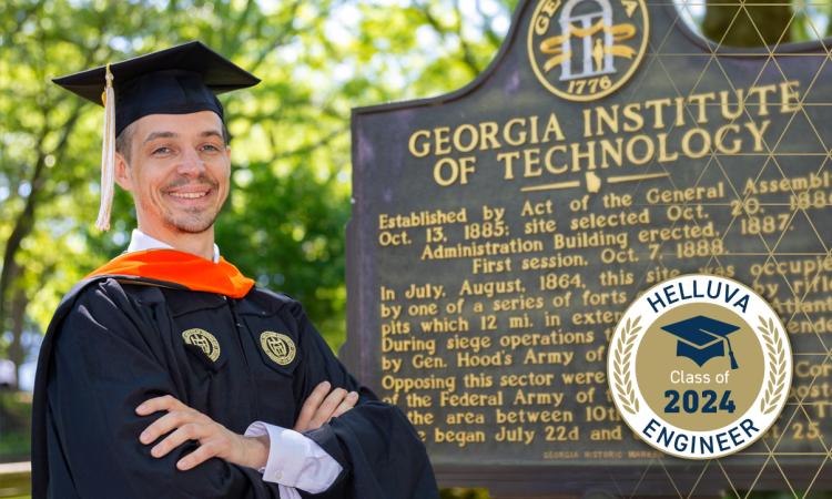 Thomas Vandiver, in master's regalia, stands in front of the Georgia Tech historical marker. A graphic overlay reads: "Helluva Engineer - Class of 2024"