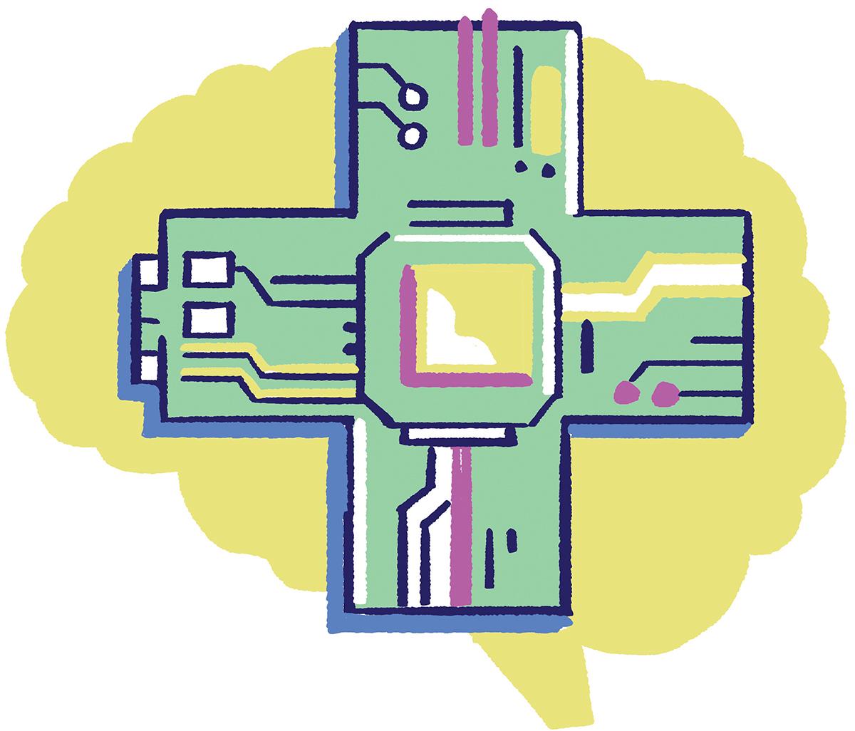 an illustration of a circuitboard in the shape of a medical cross overlaying a brain shape, representing "AI in Health." By Charlie Layton
