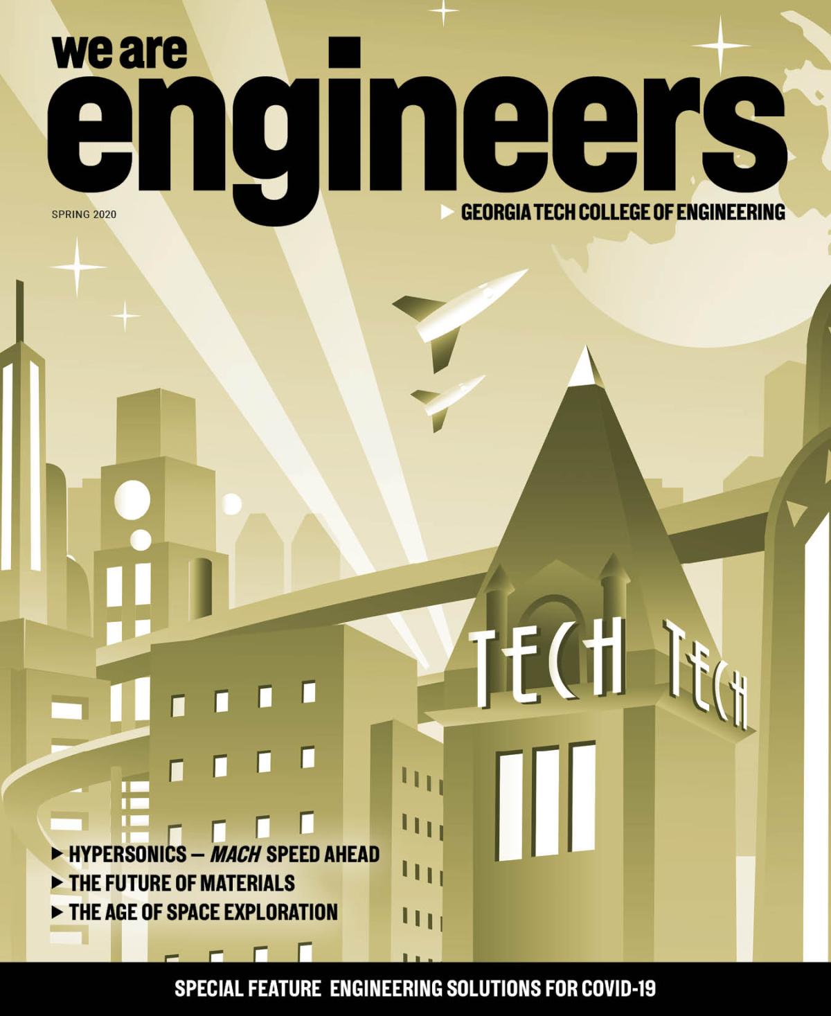 "We are Engineers" magazine cover with an illustrated image of a futuristic Tech Tower and city