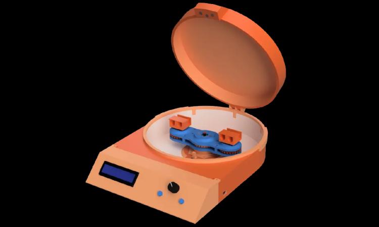 Orange and blue OpenCell device against a black background.
