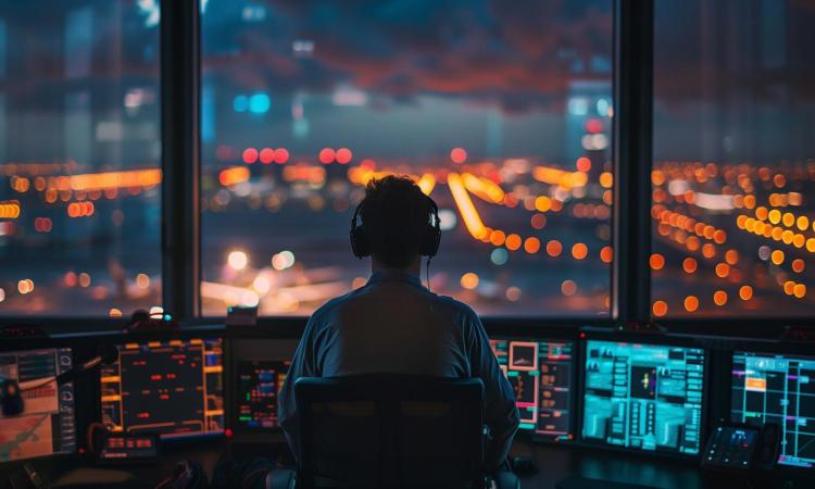 stock image of a person in air traffic control looking out at the airport