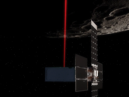 animated gif of the lunar flashlight shooting lasers at the moon and illuminating shadowed ice