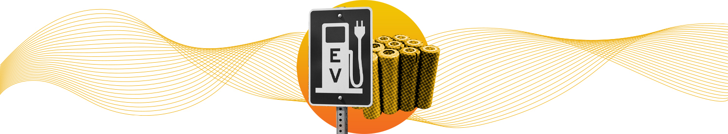 decorative element of a yellow multi-line wave graphic with an EV parking sign and batteries