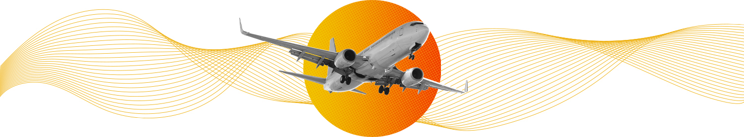 decorative element of a yellow multi-line wave graphic with an airplane