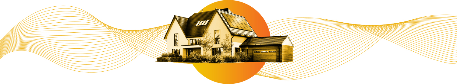 decorative element of a yellow multi-line wave graphic with a house with solar panels