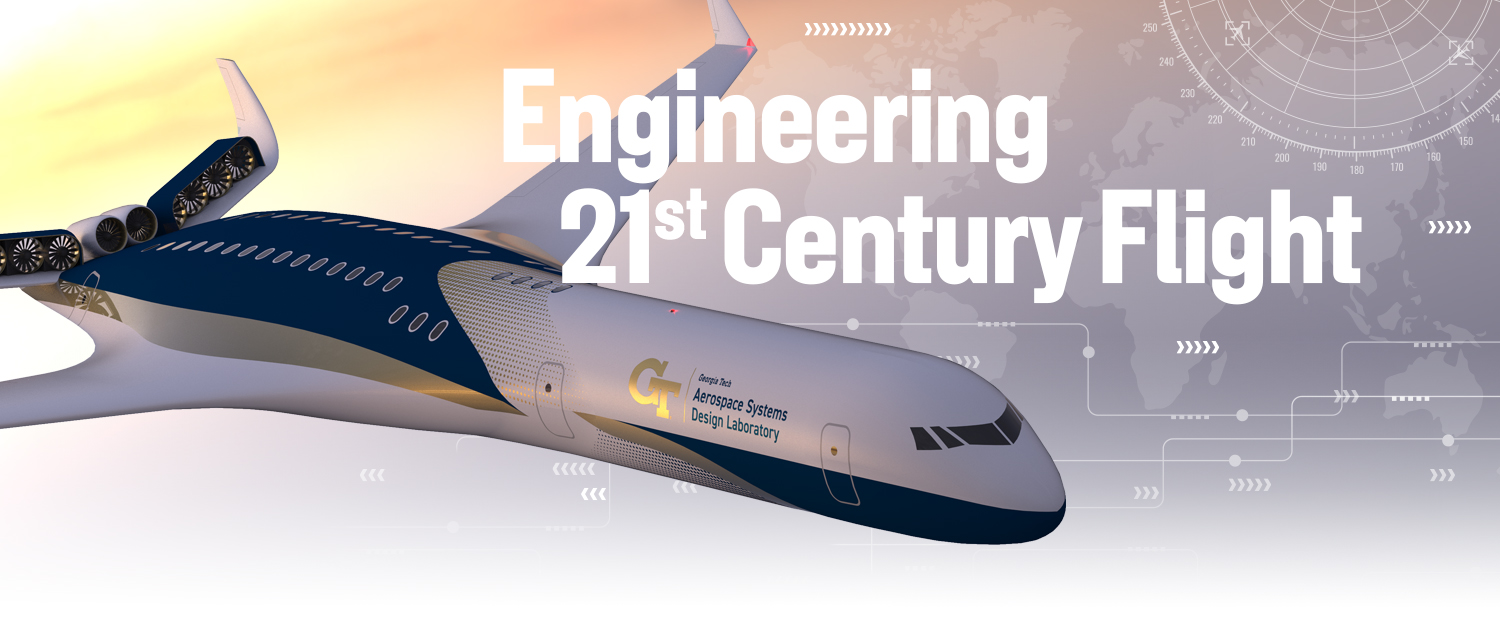 composite image of a futuristic airplane with text "Engineering 21st Century Flight"