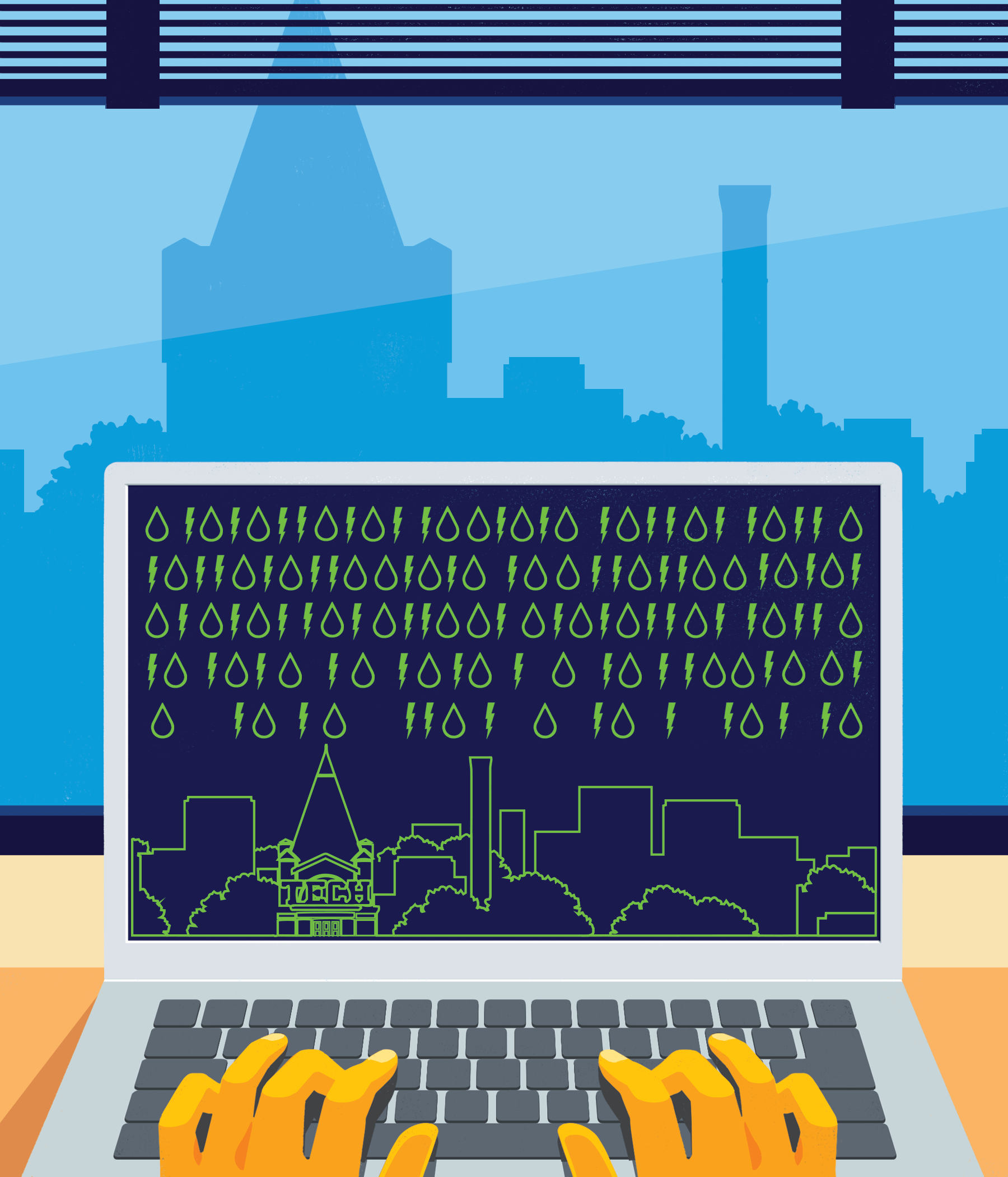 illustration of a laptop showing lightning bolts and water drops over a digital skyline of campus