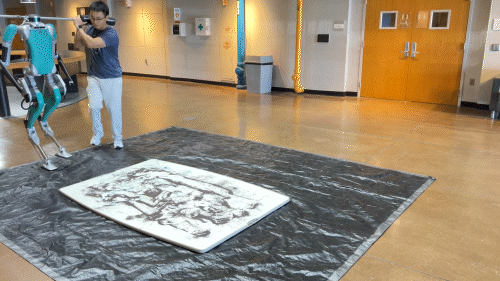animated gif of a robot walking on a slippery surface and its feet and legs are unstable