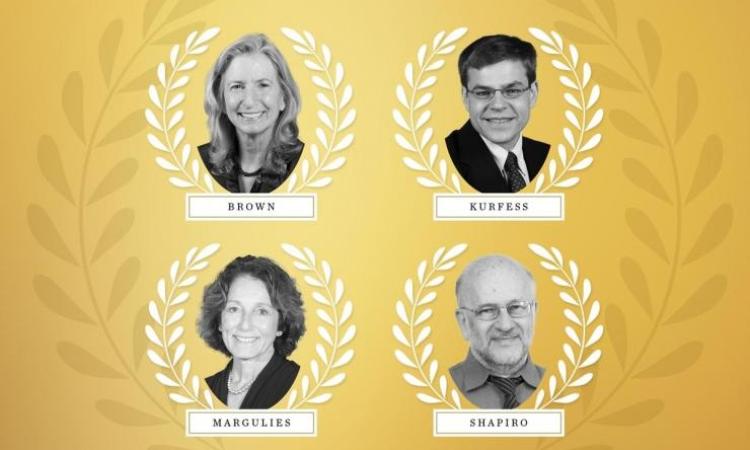 Headshots of Marilyn Brown, Thomas Kurfess, Susan Margulies, and Alexander Shapiro surrounded by laurel branches.