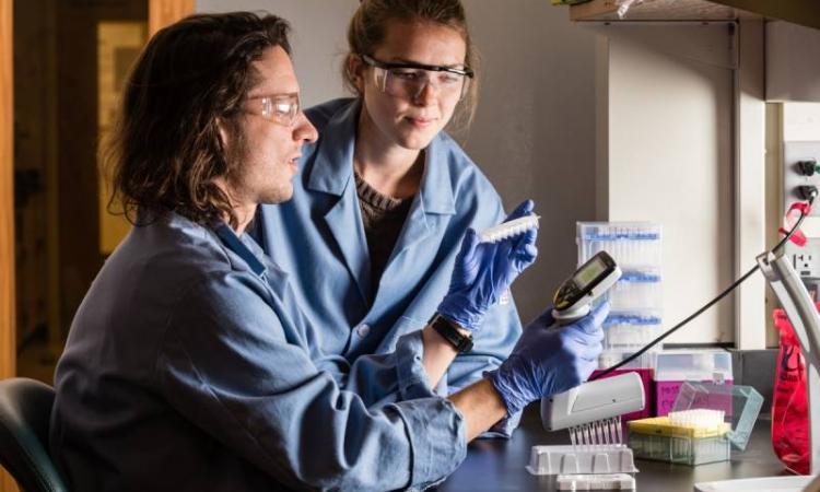 Two students in lab coats and goggles study a sample at a lab bench