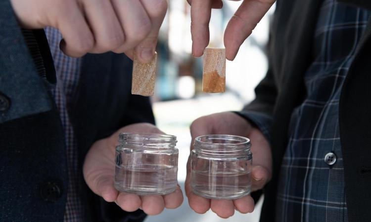 two pieces of lumber above glass vials of water