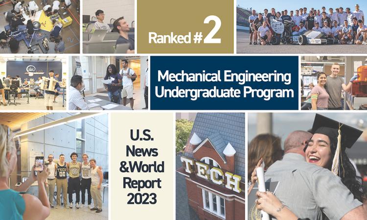 photo collage with the text "Ranked no.2 Mechanical Engineering Undergraduate Program, U.S. News & World Report 2023"