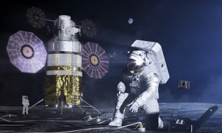 illustration of astronaut on the moon with machines behind him/her