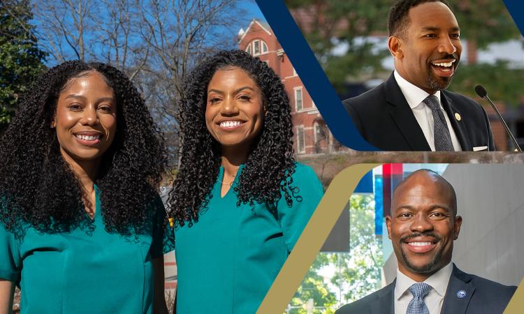 Sheereen Brown and Asia Barnes outside Tech Tower, Atlanta Mayor Andre Dickens speaking at a microphone, and headshot of Georgia State President M. Brian Blake.