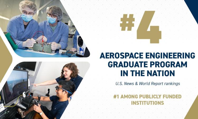 composite image with pictures of people in labs and the text "#4 Aerospace Engineering Graduate Program in the Nation, U.S. News & World Report, #1 among publicly funded institutions"
