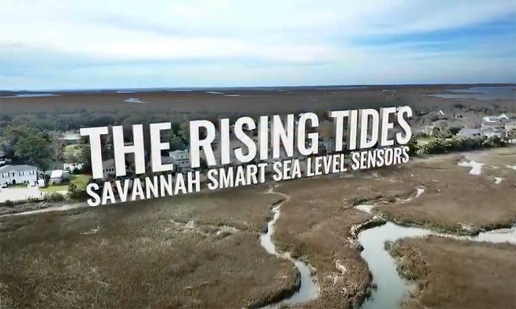 Aerial view of coastal Georgia with overlaid graphic: The Rising Tides, Savannah Smart Sea Level Sensors