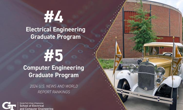 composite image with a photo of the Ramblin' Wreck, ECE logo, and the text "#4 Electrical Engineering Graduate Program, $5 Computer Engineering Graduate Program, 2024 U.S. News & World Report Rankings