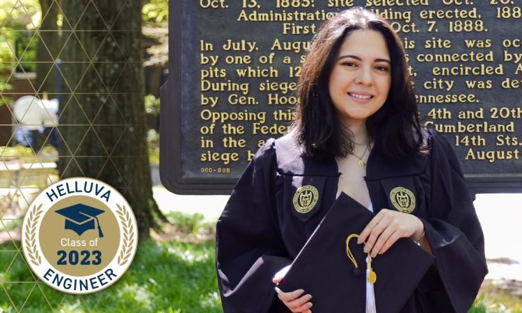 Natalia Barrera Villamizar at the Georgia Tech historical marker with a "Helluva Engineer - Class of 2023" graphical overlay