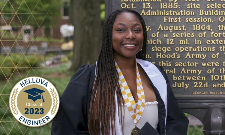 Fatima Sheriff at the Georgia Tech historical marker with a "Helluva Engineer - Class of 2023" graphical overlay
