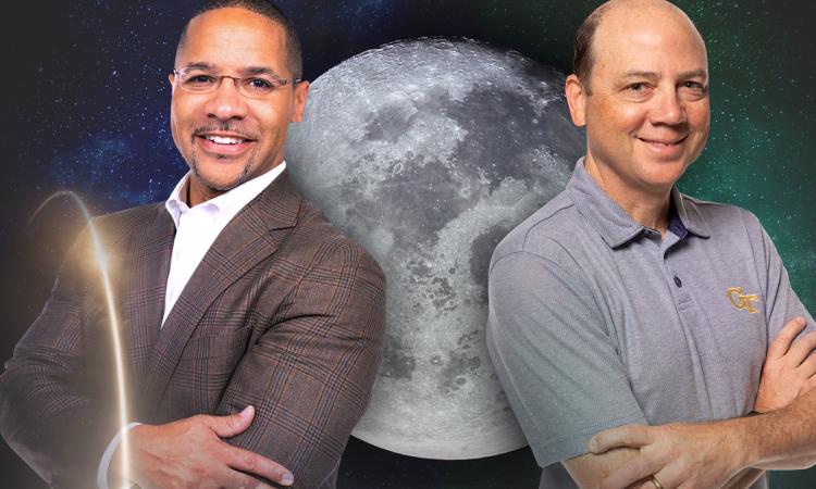 Mitchell Walker and Glenn Lightsey standing in front of an image of the moon