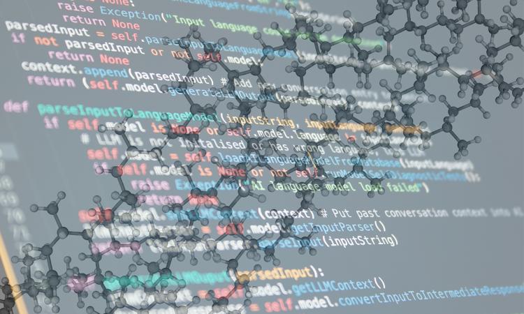 Illustration of chemical bonds superimposed over computer code. (Illustration: Steven Norris)