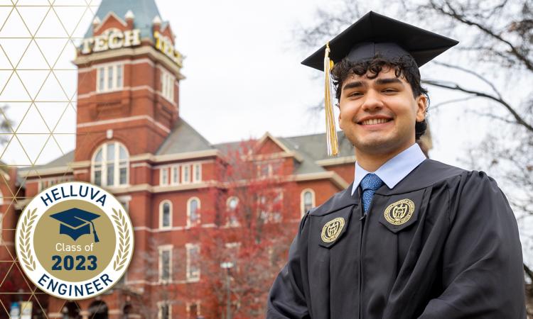 Grad Kian Zarbaf in front of the Tech Tower with a "Helluva Engineer - Class of 2023" graphical overlay