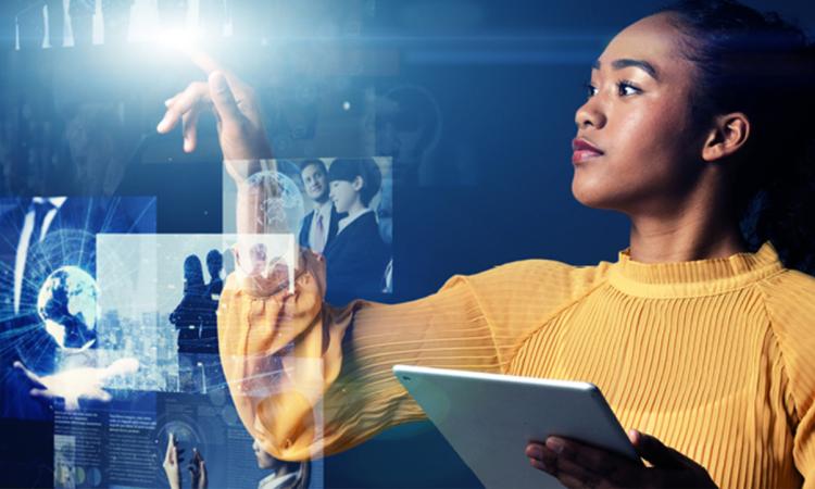 stock image of a woman with a tablet and an overlay of technology images