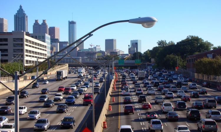 The I75-I85 connector in midtown Atlanta with traffic 