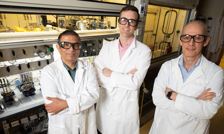 Researchers Rampi Ramprasad, Ryan Lively, and M.G. Finn in the lab. (Photo: Candler Hobbs)