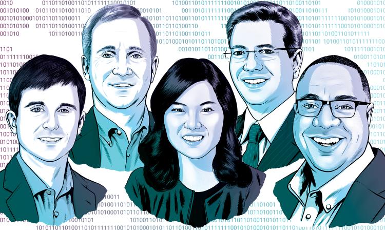 composite of five illustrated headshots of board members Keith Hearon, Ken Klaer, Sophia Velastegui, Rohit Verma, and David Neal