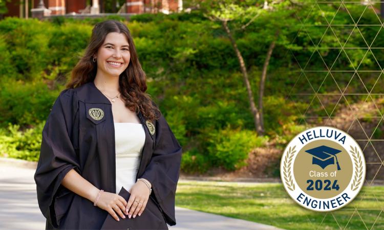 Dean's Scholar Bethanie Penna on Tech Lawn in commencement regalia