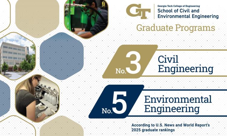 A composite image of lab photos and the text "No. 3 Civil Engineering, No. 5 Environmental Engineering" with the CEE logo