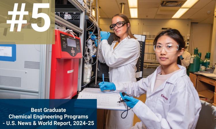 Two students work in the lab with overlaid text "#5, Best Graduate Chemical Engineering Programs"