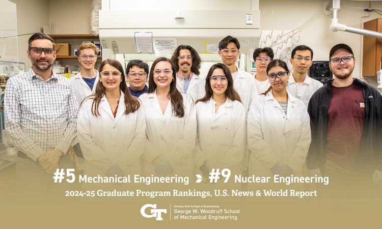 A group of people in the lab with overlaid text "#5 Mechanical Engineering, #9 Nuclear Engineering"