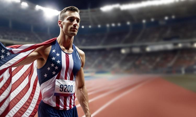 runner with american flag on a track