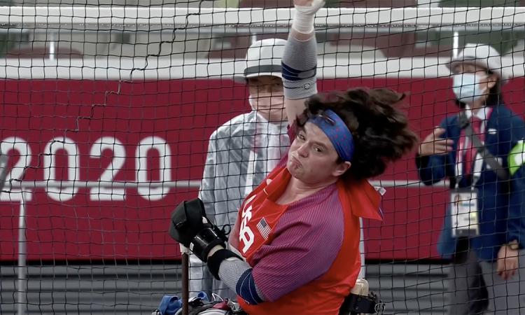 Cassie Mitchell participates in the club throw at the 2021 Paralympics