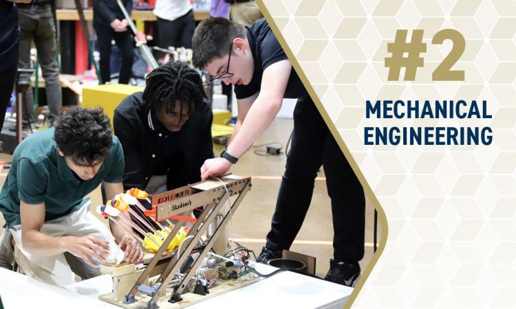 An image of students working on a design project with the text "#2 Mechanical Engineering"