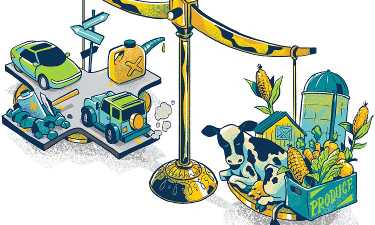 An illustration of the scales of justice, with gas-powered and electric vehicle elements on one side and food, farming, agriculture elements on the other