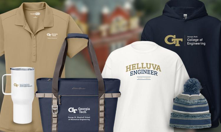 Shirts, sweatshirt, mug, tote bag, and beanie with various Georgia Tech engineering logos