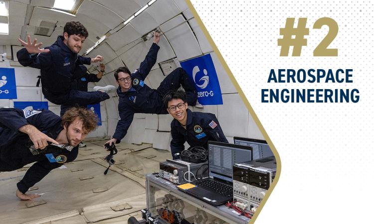 Four students and a satellite floating in a zero-gravity simulation