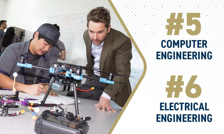 Two people working on robots