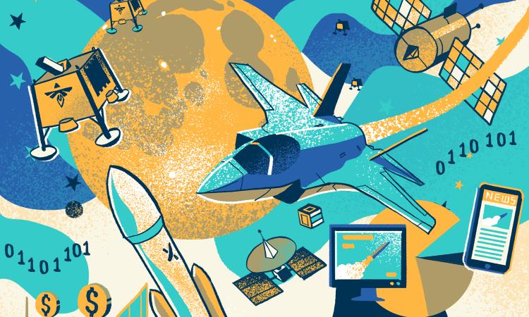 illustration of rockets, jets, lunar landers and other aerospace motifs