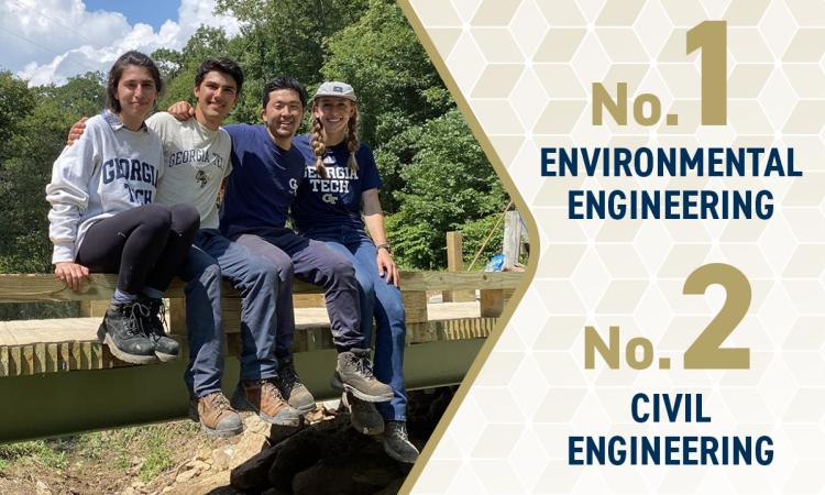 four students sitting on a bridge