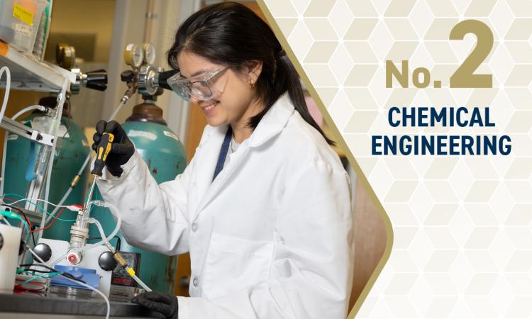 a student works with lab equipment and the text "No. 2 Chemical Engineering"