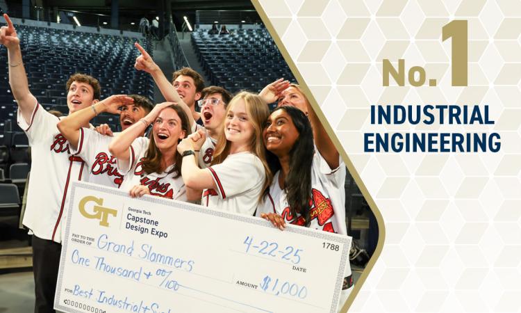 students with an oversized check and the text "No. 1 Industrial Engineering"
