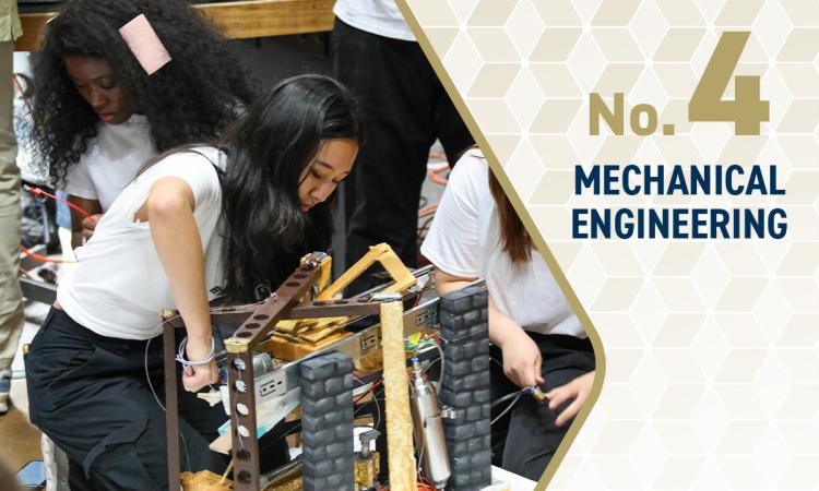 students working on a project and the text: "No. 4 Mechanical Engineering"
