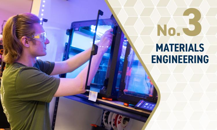 a student works in a makerspace with the text "No. 3 Materials Engineering"