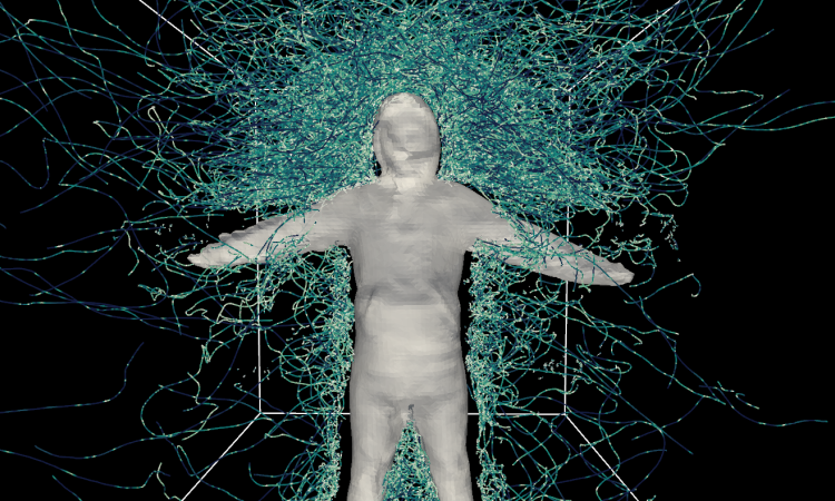 visualization of a person, wearing white clothes, surrounded by green lines with a black background