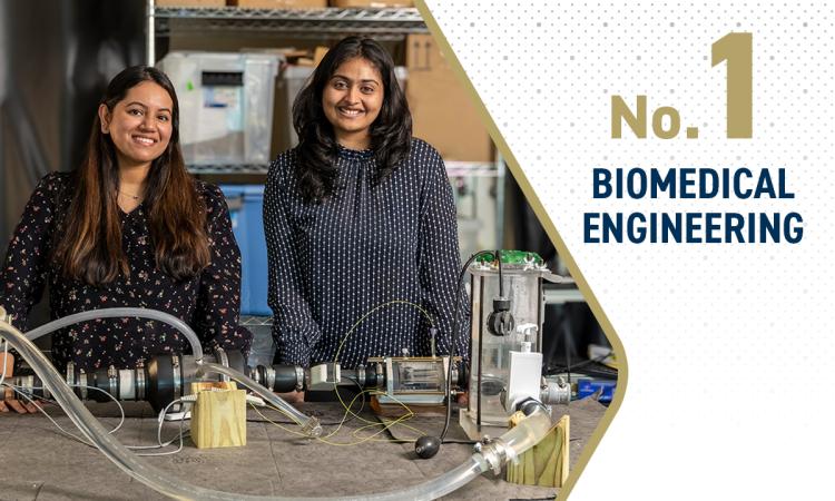 two people in a lab with a testing structure on a table and the text "No. 1 Biomedical Engineering"